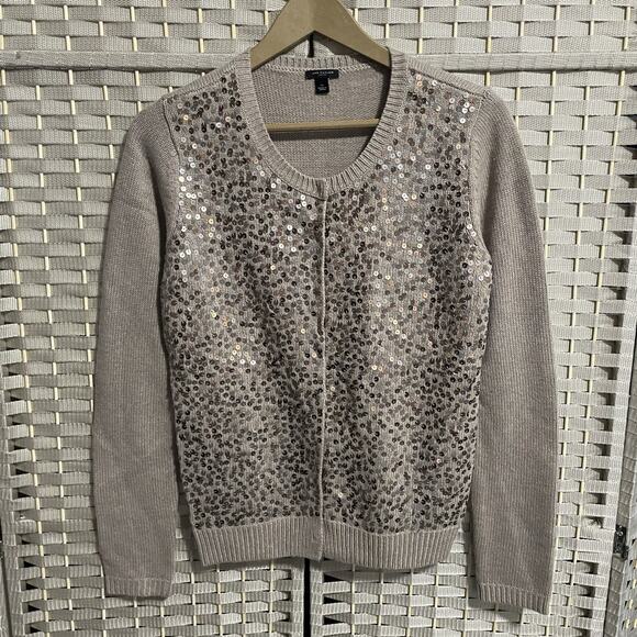 Ann Taylor Sequin Front Angora Cardigan Size M Taupe Wool Blend Snap Front NEW - Picture 2 of 10
